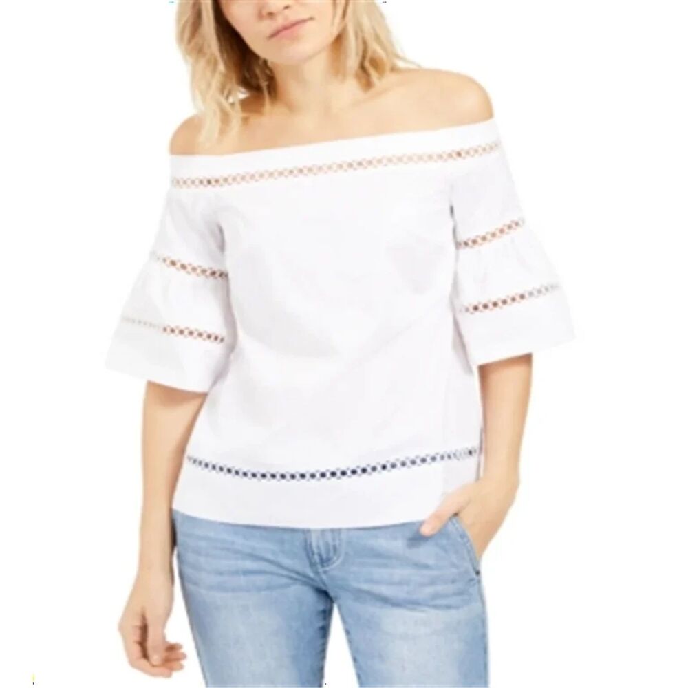 Michael Kors White Trumpet Sleeve Eyelet Off The Shoulder Top